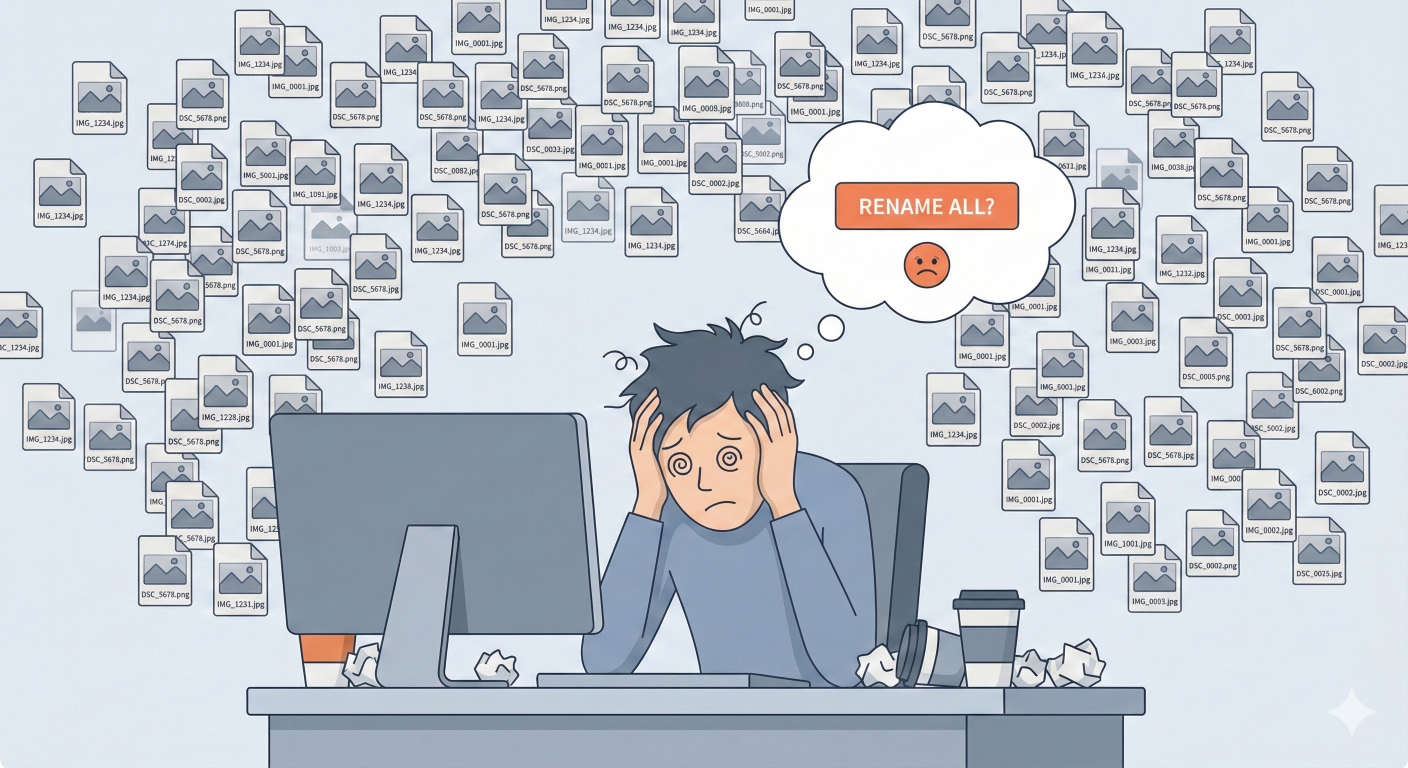 Stressed person at desk overwhelmed by files with poor naming conventions